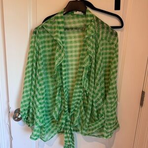 Free People Green and White Ruffled Tie Front Blouse